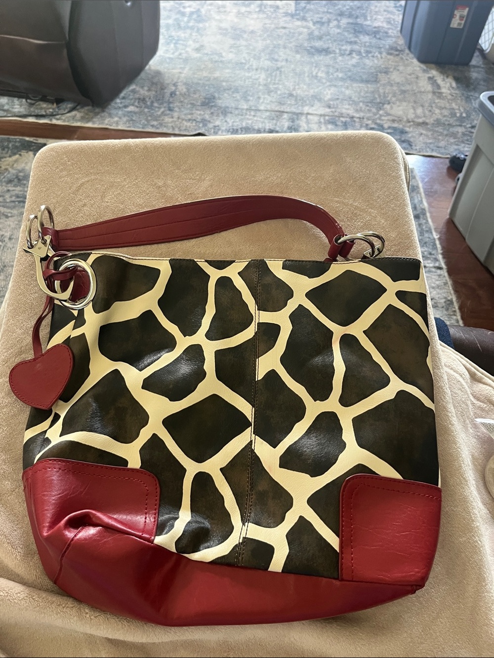 Giraffe-Print Shoulder Bag with Red Leather Accents